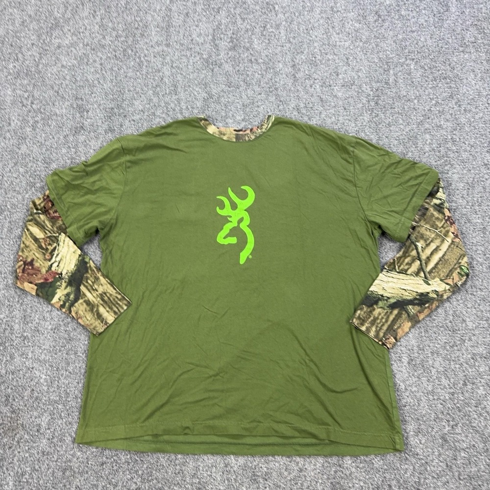 Browning Shirt Mens XL Green Buck Logo Mossy Oak Camo Long Sleeve Tee Hunting